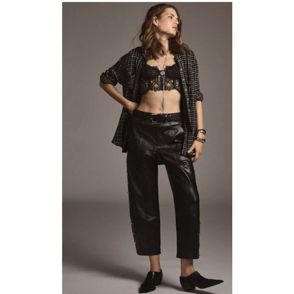 Anthropologie Faux Leather Utility Wide Leg Barrel Studded Pants Womens 10